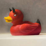 Painting of a red devil rubber duck and two habanero peppers with a paper yellow beak