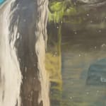 Painting of oversize glass bottle in front of a glass window pane