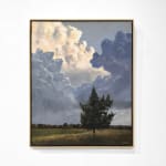 Oil painting of tree with large clouds on canvas