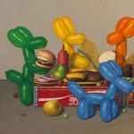 Painting of balloon dogs eating around a long table