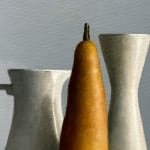 On a white cloth a centrally placed bosc pear stands tall, framed between a set of two long-necked white porcelain vases. The length of the objects reminded Rickus of Giacometti's sculptures.