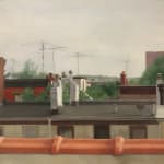 Oil painting of view from Brooklyn roof on panel