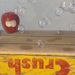 Soda crates stacked on top of each other with apples blowing bubbles atop