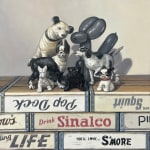 Painting of black and white dog figurines on top of black and white wooden soda crates
