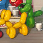 Painting of balloon dogs pretending to dine on cookies and milk