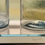 Painting of three glass ball jars sitting on a glass shelf in front of a window