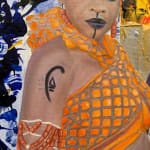 Painting fo Nigerian man and woman in front of abstracted painted backdrops