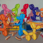 14 multicolored balloon dogs having a pizza party