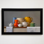 Painting of a still life with many handled vessels