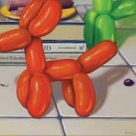 Balloon dogs standing around with drinks, cheese, and olives