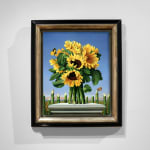 Oil painting of Sunflower on pedestal with cup stems behind on panel