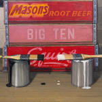 Still life painting of two painted apples on soda boxes