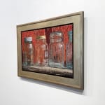 Painting of glass mason jars on a wood table in front of a red wall
