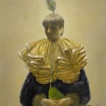 Oil painting of woman sitting with peacock in lap on canvas