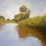 Landscape painting of a body of water and some greenery