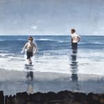 Painting of two boys playing in the ocean