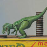 Painting of a toy dinosaur eating oreos