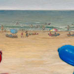 Painting of two colorful balloon dogs posed in front of window overlooking a beach scene