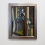 Painting of oversize glass bottle in front of a glass window pane