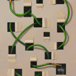 Painting of a hose winding through paper cut outs