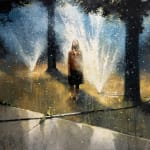 Oil painting of girl standing amidst sprinklers and trees on panel