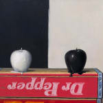 Still life painting of two painted apples on soda boxes