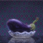 Still life of an eggplant in a glass bowl with a tiled background