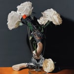 Still life painting of a vase with roses and a gun in it