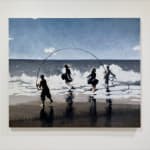 Painting of children playing in the ocean with a jump rope