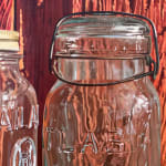 Painting of glass mason jars on a wood table in front of a red wall