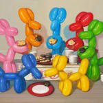 Painting of balloon dogs pretending to dine on cookies and milk