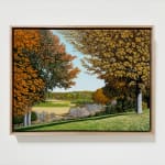 Oil painting of trees before fields in fall on canvas