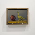 Painting of a dinosaur with a bit apple beside it, all surrounded by a bitten frame