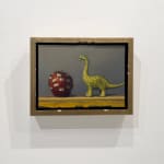 Painting of a dinosaur with a bit apple beside it, all surrounded by a bitten frame