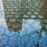 Painting of a puddle with building reflecting in it