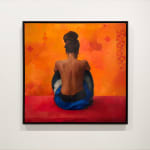 Painting of a woman with brown skin and hair in a bun sitting in a blue skirt with orange background