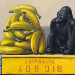 Still life painting of a gorilla with a pile of bananas on a stack of yellow crates