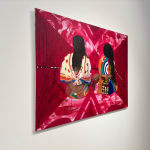 Painting of two women seen from the back over a red abstracted background