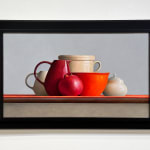 Still lIfe painting with white and red vessels and a pomegranate