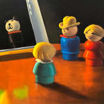 Painting of light bright board with toy figurines