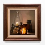 Oil painting of antique candles and glasses on linen