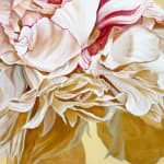 Large painting of beige peony on yellow background