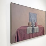 Painting of three shiny colorful vases on a table with tablecloth
