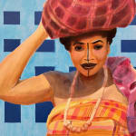 woman with fabric bag onher head