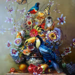 Jason Wheatley oil painting blue toucan, monkeys, butterflies, bird in floral still life
