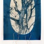 Dora Somosi Hand printed cyanotype with embroidery image of illuminated tree trunk and branches