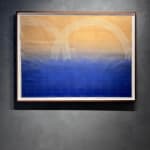 kelly ording installation of work on paper deep blues, smokey background striated shapes