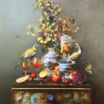 Jason wheatley still life with monkey, yellow birds, flowers and strawberry mimosas available Gilman Contemporary