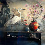 Jason Wheatley still life oil painting with white heron against asian screen backdrop purchase at Gilman Contemporary
