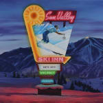 Ben Steele Oil painting Sun Valley Baldy view with Neon sign Sun Valley Ski Inn skier of color purchase at Gilman Contemporary